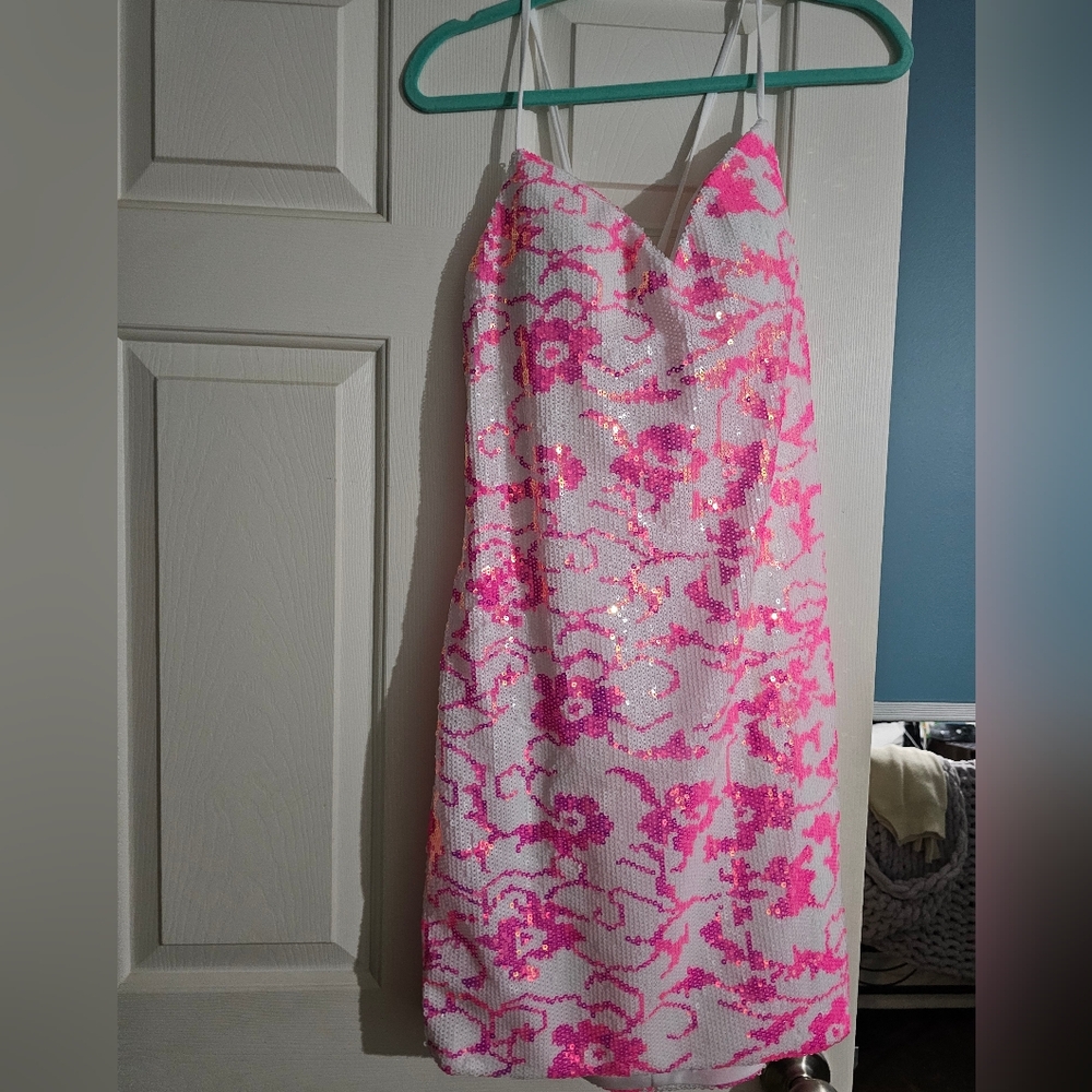 Pink Sequin Floral Mini Dress - Women's Spaghetti Strap